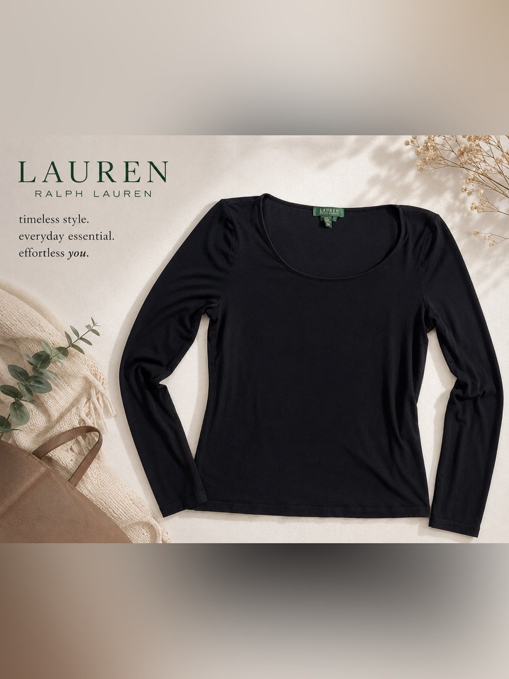 Lauren Ralph Lauren Black Stretch Long Sleeve Scoop Neck Top M